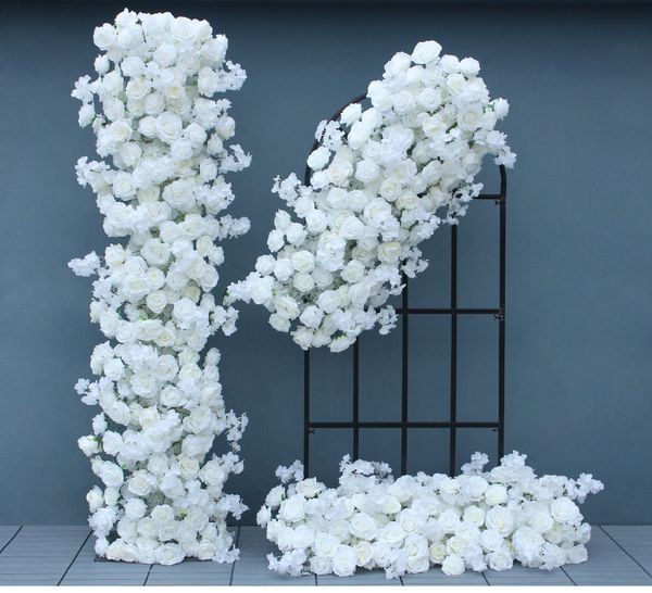White Artificial Rose Cherry Blossom Arch Decor Hang Flower Row Wedding Backdrop Wall 5D Floral Arrangement Party Window Display