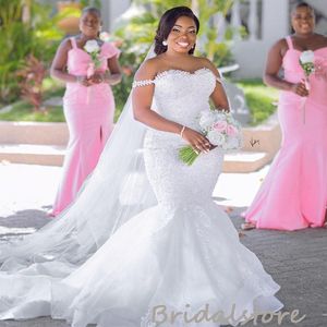 Wit Aso Ebi Mermaid Dress 2022 Plus Size Vintage Off Schouders Crystal Neck African Wedding Jurken Elegante kralen Country Garden Bruid Tweede feestjurken