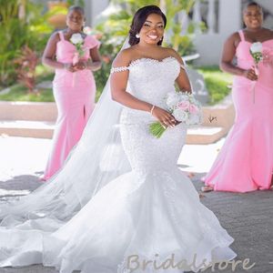 Blanc Aso Ebi Sirène Robe De Mariée 2022 Plus La Taille Vintage Hors Épaules Cristal Cou Africain Robes De Mariée Élégant Perlé Pays Jardin Mariée Deuxième Robes De Soirée