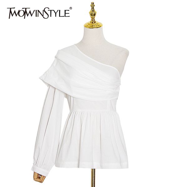 Chemise asymétrique blanche pour femmes col oblique à manches longues une épaule taille haute élégante Blouse femme mode 210524