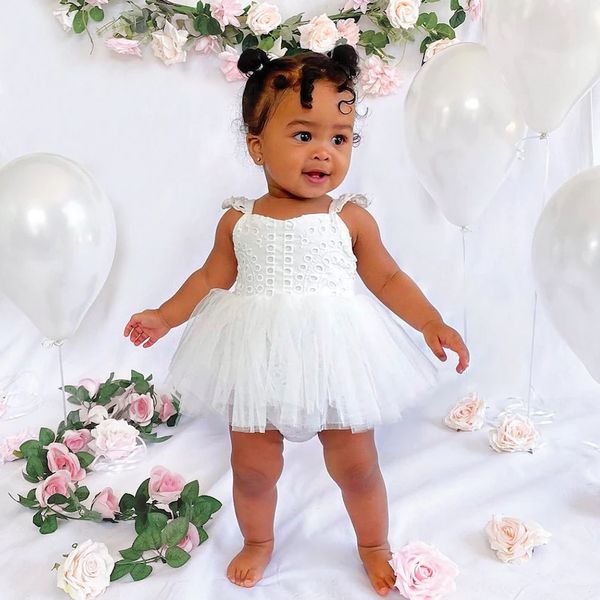 Blanc bébé fille barboteuse Tulle tutu robe gâteau Smash tenue fille été coton dentelle robe d'été enfant en bas âge 1er anniversaire baptême nouveau-né