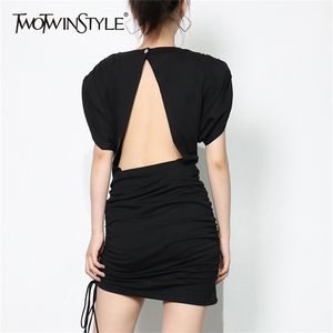 Blanc dos évider robe pour femmes O cou à manches courtes taille haute Mini robes femme mode vêtements 210520