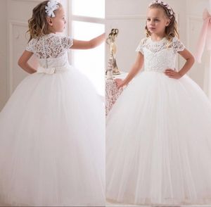 White Ball Gown Flower Girls Dresses For Weddings Long Party Communion Dresses Lace Cap Sleeve Kids Prom Dresses