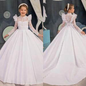 Robe de bal blanche robes de filles de fleur pour le mariage col haut à manches longues enfants robe de première communion bouton arrière dentelle enfants vêtements de cérémonie