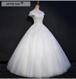 Robes de mariée robe de bal blanche paillettes organza tulle robes de mariée longueur de plancher épaule fermeture éclair/à lacets dos grande taille robe de novia