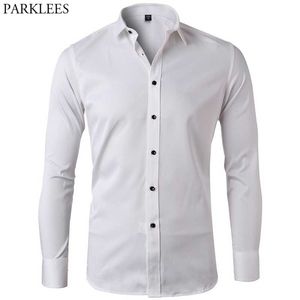 Witte bamboe vezel jurk shirts heren hoge kwaliteit elastische eenvoudige zorg casual button down shirt mannelijke bruidegom formele chemise 210522