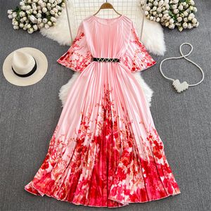 Basis Casual jurken Zomer Middenlengte vrouwen gradiënt bloemenprint geplooide jurk met winkels ronde nek halve mouw dames jurken vestidos wit rood 2024