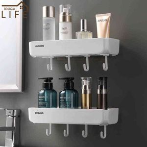 Estante de baño blanco con ganchos Estante de almacenamiento de baño Organizador de cocina Soporte de toalla de perforación gratis Accesorios de baño para el hogar J220702