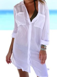 Wit Strand Bikini Cover Up Shirts Tops Vrouwen Lange Mouw Pareo Tuniek Sarong Femme Outfits Badmode Beachwear Robe De