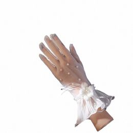 Witte kralen met vingers korte bruid handschoenen, transparante polslengte bruiloftshandschoenen, geschikt voor bruiloftsaanbrachten van dames 07QR#