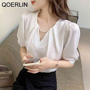 Blanc Blouse Blouse Perles Blouse Femmes Été Élégant Off Office Office Solide Col V-Col V-Courts Shirts Coréens Tops Plus Taille 210601