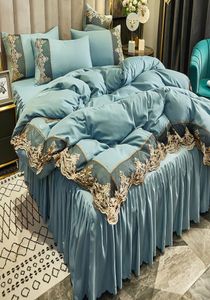 Juegos de cama blancos con borde de encaje, edredones para cama tamaño queen, juegos de fundas de almohada, juegos de cama king size de lujo, decoración del hogar 738 R26837634