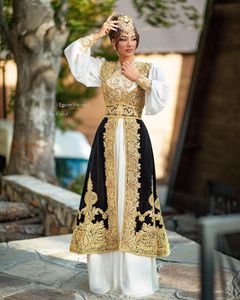 Witzwarte Arabische kaftan-galajurken met fluwelen jasje Gouden kanten appliqué Karakou Algerijnse avondreceptiejurk voor dames