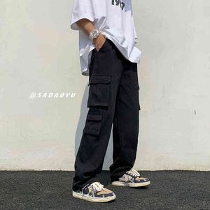 Witte zwarte katoenen vrachtbroek mannen mode multipocky casual streetwear los hiphop recht j220629