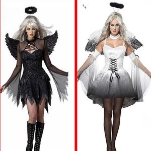 Costume d'ange déchu du diable blanc et noir pour femmes, vêtements de fête d'halloween Sexy pour adultes, robe fantaisie, coiffe de tête Wing254k
