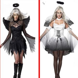 Costume d'ange déchu du diable blanc et noir pour femmes, vêtements de fête d'halloween Sexy pour adultes, robe fantaisie, coiffe de tête Wing215A