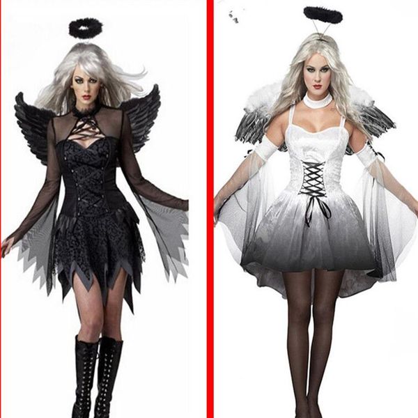 Costume d'ange déchu du diable blanc et noir pour femmes, vêtements de fête d'halloween Sexy pour adultes, robe fantaisie, coiffe de tête Wing247D