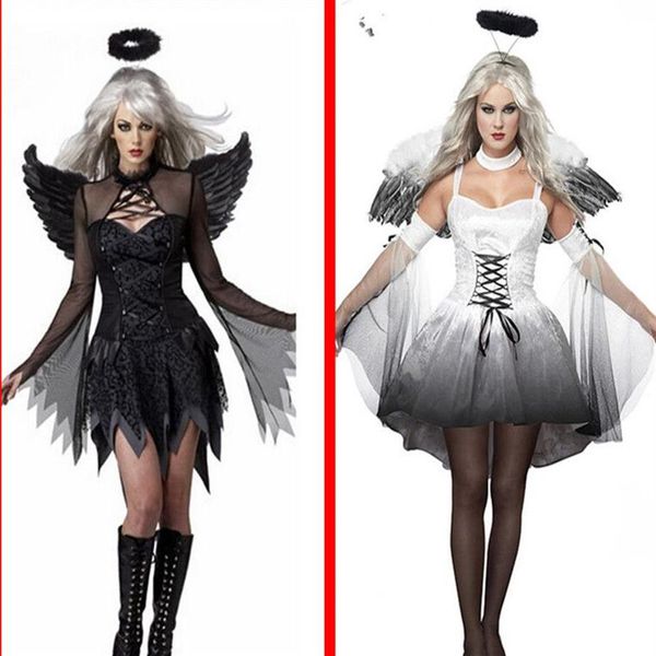 Blanc Black Devil Fallen Angel Costume Femmes Sexy Halloween Party Vêtements Costumes pour adultes Fancy Dishing Head Wear Wing235d