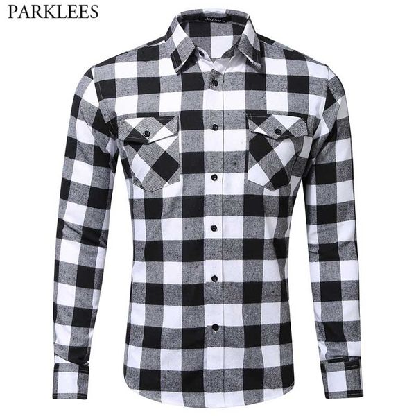 Camisa a cuadros de franela negra blanca Hombres con doble bolsillo Camisas a cuadros de manga larga Traje casual para hombre para acampar o trabajar 2XL 210522