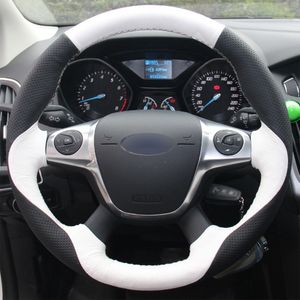 Wit Zwart Lederen DIY Hand naaien Stuurhoes voor Ford Focus 3 2012-2014 KUGA 2013-2016257s