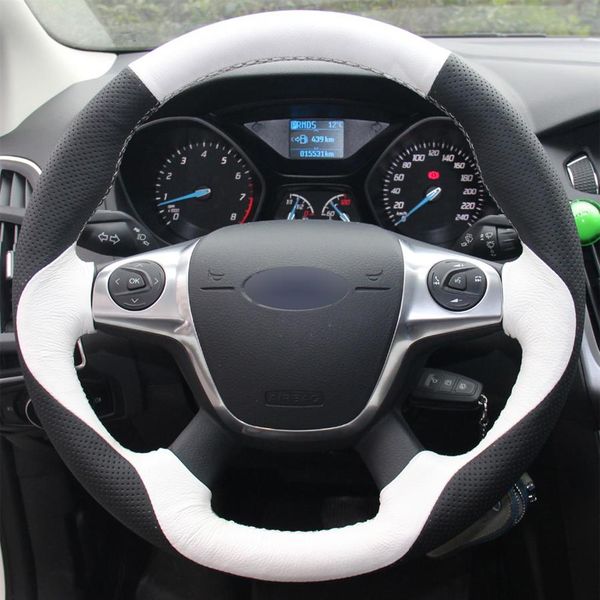 Cubierta de volante de costura a mano DIY de cuero genuino blanco y negro para Ford Focus 3 2012-2014 KUGA 2013-2016216k