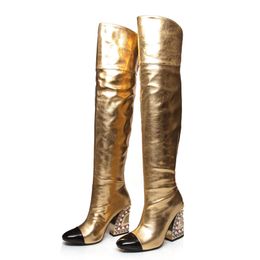 Cuissardes dorées bottes longues en cristal bottes de chevalier en cuir véritable à la mode talon haut et épais sur le genou chaussons chaussures femme