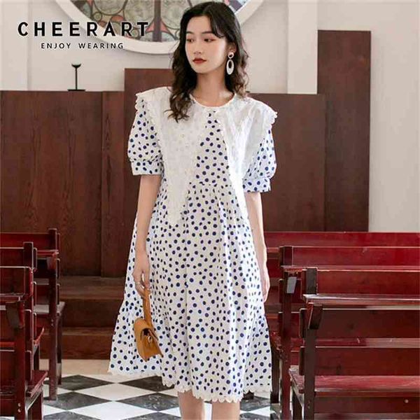 Blanc Noir Coréen Polka Dot Robe Femmes Puff Manches Lâche Court Ummer Robes Casual Mode Vêtements 210427