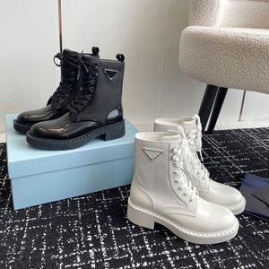 Wit Zwart leren veterschoenen met dikke hak Ridder enkellaarzen Martin Combat Boots Modeontwerper laarsjes voor meisjes dames