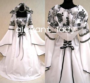 Wit zwarte middeleeuwse trouwjurken Goth Kostuum lange mouw veter vampier Wicca Fancy Bridal Jurk met hoed