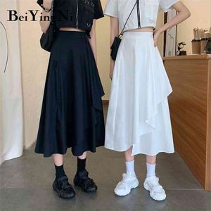 Witte zwarte rok voor vrouwen Koreaanse stijl casual ruches onregelmatige retro effen midi rokken vrouw maxi lange hoge taille 210506