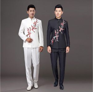 Wit Black Suits Plum Blossom Zhongshan Suits Jas + Broek Performance Kostuum Mannelijke Host Singer Clothing Chorus Stage Costume