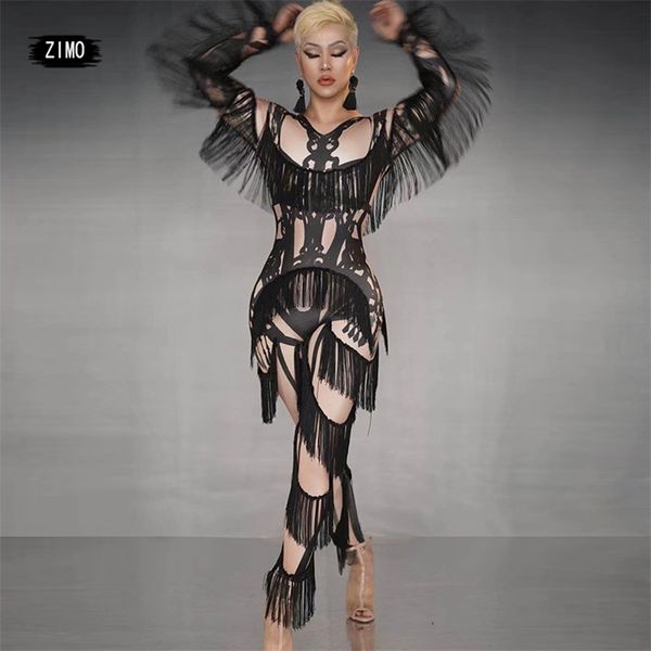 Blanc noir Tassel Jumpsuit Femmes Fake Print Dancer Spandex Leggings Singer Stage Wear Prom Show Outfit Discothèque Costumes rave 211119