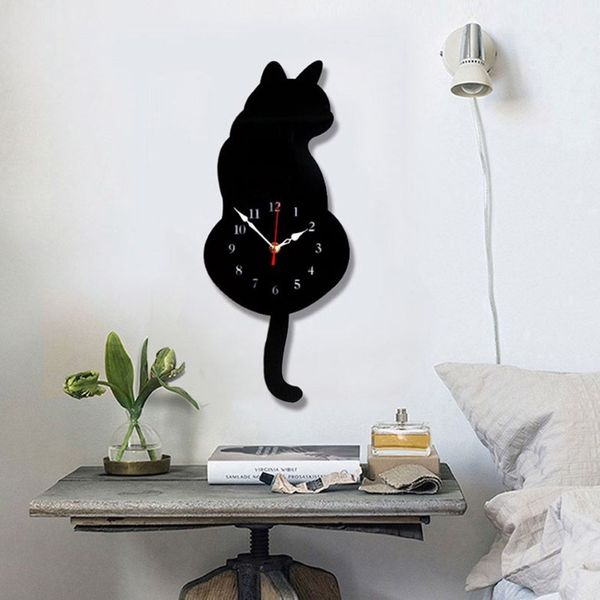 Reloj de pared con diseño de gato y cola blanca y negra, decoración de pared del dormitorio para niños, regalo único, dibujos animados creativos, silencioso, DIY, 336A