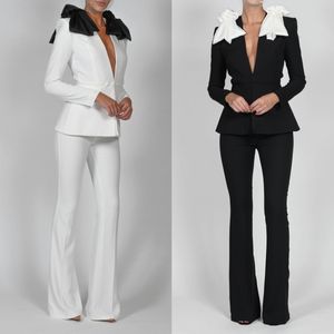 Blanc noir femmes pantalons costumes sur mesure Blazer avec grand arc femme célébrité spectacle porter bal 2 pièces