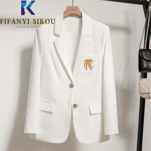 Blazer blanc veste femmes haute qualité mode broderie simple boutonnage costume veste dames décontracté bureau formel Blazers manteau 220812