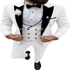 Witte Blazer Bruiloft Smoking Voor Mannen Een Knop Double Breasted Vest Slim Fit Trouwpak Prom Diner Op maat 3 Delig Mannelijke Bussiness Outfit Set Pak Bruidegom Feestkleding