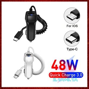 White BLK 48W USB Fast Car Charger Stretch Cable Adapter voor iPhone13 12 11 14 Pro Max Samsung Galaxy Note20 Android Type-C autolading Laad Automotive Electronics