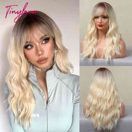 Perruques synthétiques blondes blanches avec frange longue vague d'eau Ombre perruque marron clair pour les femmes Cosplay naturel cheveux résistants à la chaleur quotidiens