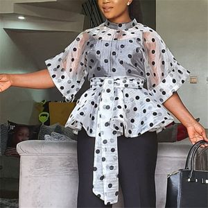 Blouses blanches Polka Dot Peplum Voir à travers Sexy Mince Transparent Demi Flare Manches Taille Ceinture Tops Chemise Mode Femme Bluas 210416