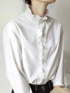 Witte Blouses Vrouwen Herfst Casual Shirts Met Lange Mouwen Kantoor Dames Koreaanse Mode Elegante Ruches Kraag Single Breasted Shirt 240130