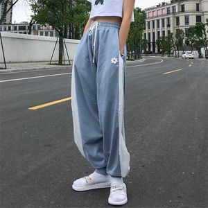 Wit blauw contrast losse jogging broek hoge taille trekkoord broek casual vrouwelijke koreaanse straatkleding 211124