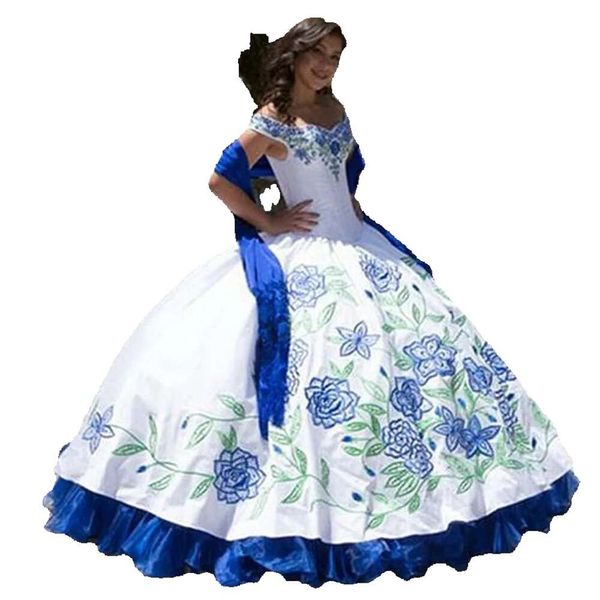 Vestidos azules blancos Quinceanera y Royal con bordado bordado bordado bordado satén de satén
