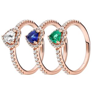 Wit Blauw Groene Steen Verhoogde Hart Ring Originele Doos Rose goud voor 925 Zilveren Vrouwen Bruiloft CZ diamant Liefde heats Ringen
