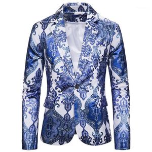 Wit Blauw Paisley Print Mannen Blazer 2022 Herfst Slanke Fit One Button Mens Jas Party Bruiloft Bruidegom Prom Homme