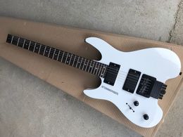 Headless elektrische gitaar met witte body, tremolo, palissander toets, zwarte hardware, actieve pickups, bieden service op maat