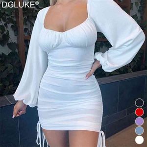 Witte bodycon jurk vrouwen zomer off schouder lange mouw feestjurk sexy trekkoord ruches mini jurk paars roze zwart 210915