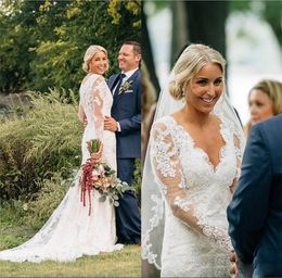 Vestidos de novia de sirena bohemia bohemia en cuello manga larga manga de tul de encaje de encaje vestidos de boda de cristal túnica de tren de mariee