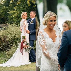 Vestidos de novia de sirena bohemia bohemia en cuello manga larga manga de tul de encaje de encaje vestidos de boda de cristal túnica de tren de mariee