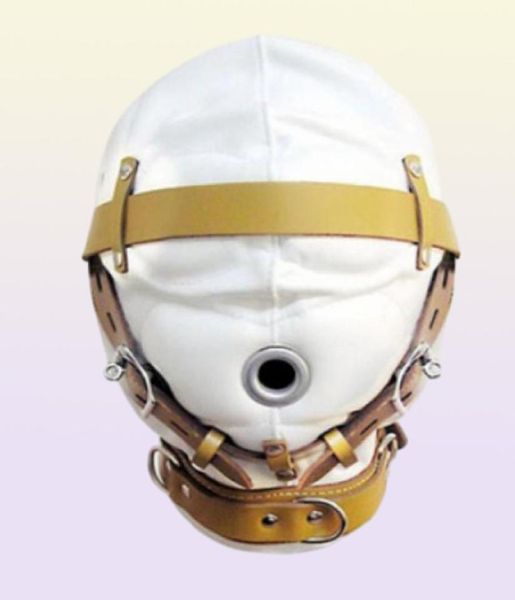 Máscara de bozal de cuero de privación de capucha de bondage blanca para escuchar la mazmorra de restricción Nuevo diseño BDSM Gear Gimp Correas bloqueables acolchadas B038417954