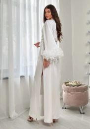 Wit Boudoir Long Silk Robe Bridal Feather voor trouwdag Boho Long Satijnen bruids kanten Dedelkap jurk bruidsmeisje Geschenken Kimono